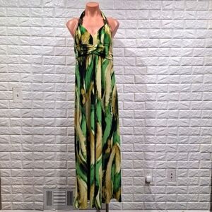 Green and Tan Maxi Halter A line Dress